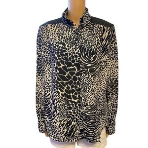 VTG 80s JORDAN WOMAN BUTTON UP SHIRT SIZE 9/10 BLACK WITH LEOPARD PRINT SILKY